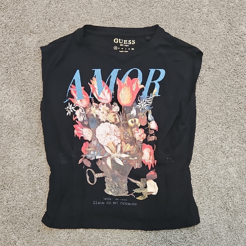 GUESS Black Floral Amor Graphic Muscle Tee